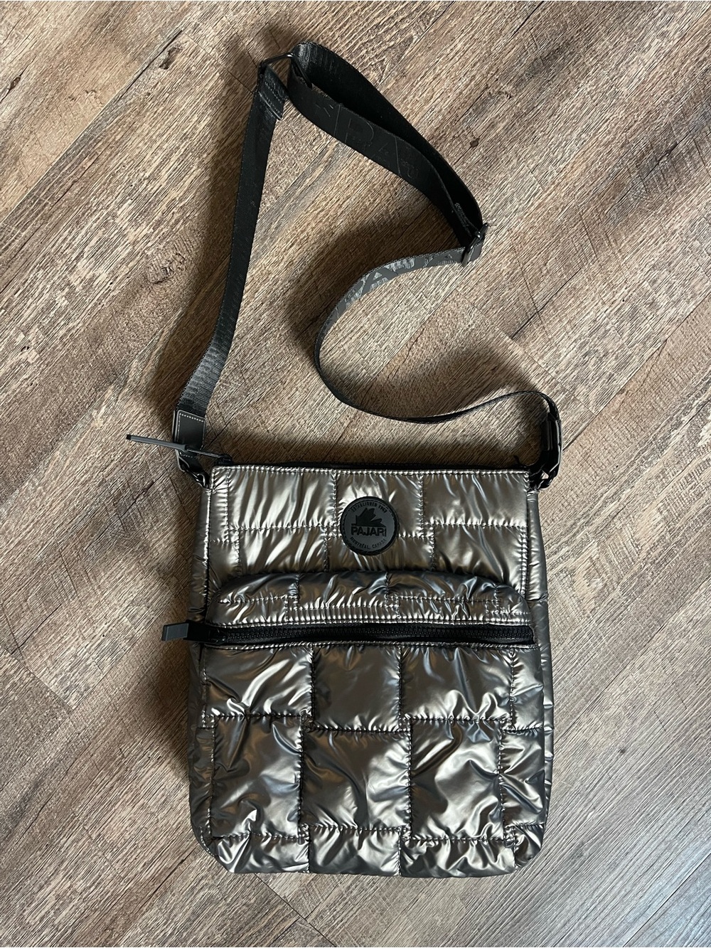 Pajar quilted crossbody metallic gunmetal gray bag